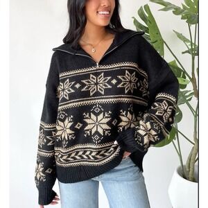 Grey VTG Sweater Aztec Boho Indie Folk Sz M - L  Cozy Snow Cardigan Half Zip Up